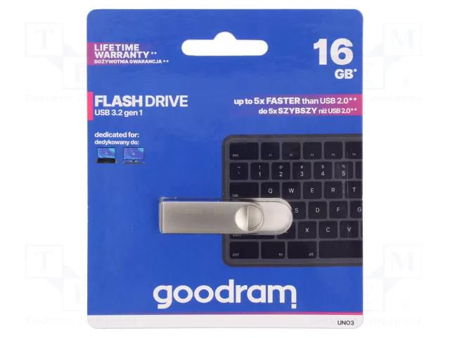 Pendrive; USB 3.2; 16GB; R: 60MB/s; W: 20MB/s; silver; USB A GOODRAM UNO3-0160S0R11