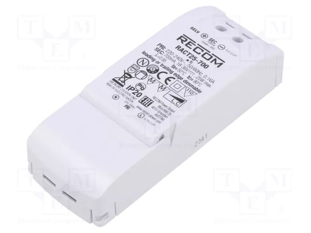 Power supply: switching; LED; 25W; 18÷36VDC; 700mA; 198÷264VAC RECOM RACT25-700