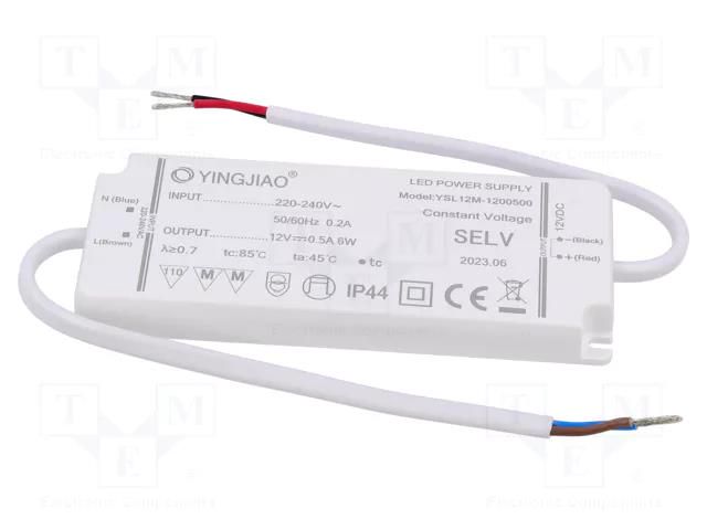 Power supply: switching; LED; 6W; 12VDC; 500mA; 220÷240VAC; IP44 YINGJIAO YSL12M-6-12