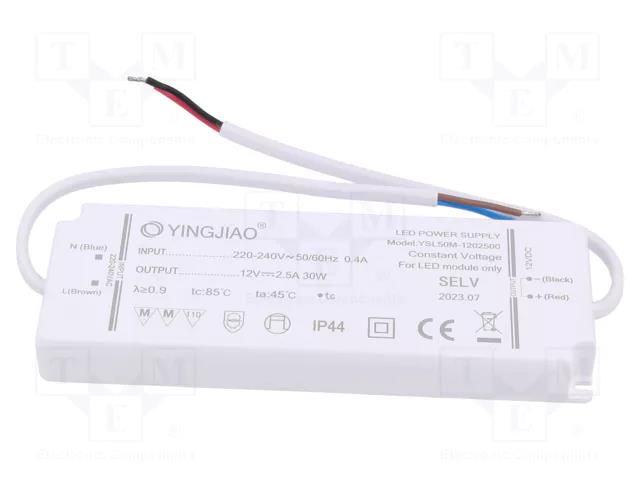 Power supply: switching; LED; 30W; 12VDC; 2.5A; 220÷240VAC; IP44 YINGJIAO YSL50M-30-12