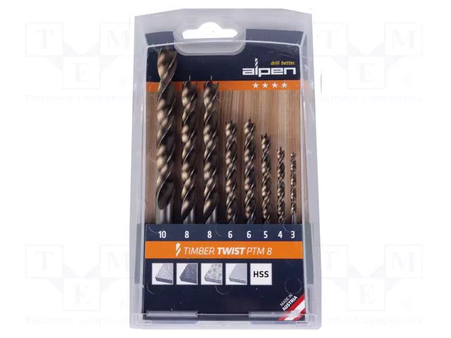 Drill set; for wood; high speed steel; plastic cassette; 8pcs. ALPEN-MAYKESTAG ALP.67100008100