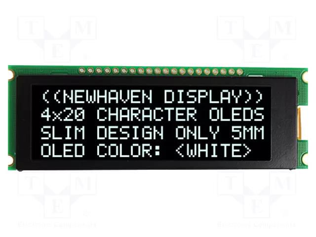 Display: OLED; alphanumeric; 20x4; Dim: 92x31.5x6.5mm; white; 1x20 NEWHAVEN DISPLAY INTERNATIONAL NHD-0420CW-AW3