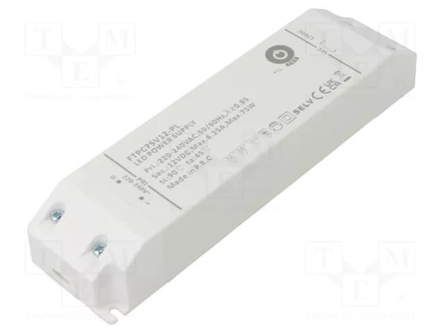 Power supply: switching; LED; 75W; 12VDC; 6.25A; 220÷240VAC; OUT: 1 POS FTPC75V12-PL