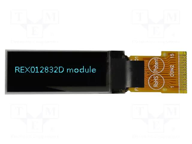 Display: OLED; graphical; 0.91"; 128x32; Dim: 30x11.5x1.26mm; blue RAYSTAR OPTRONICS REX012832DSPP3N02