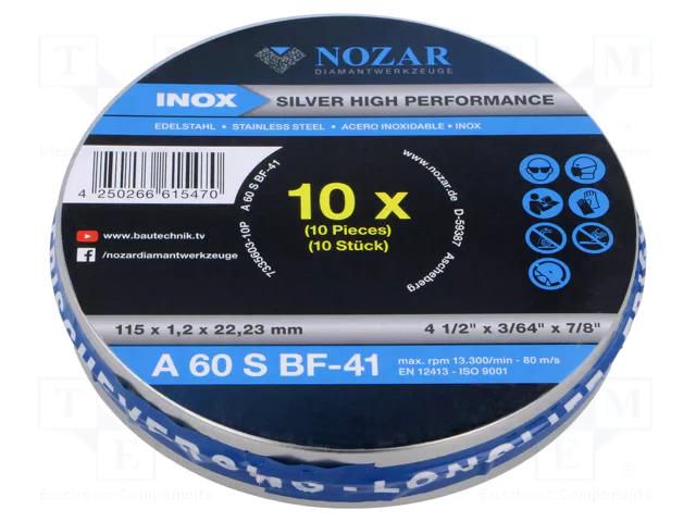 Cutting wheel; Ø: 115mm; Øhole: 22.23mm; Disc thick: 1.2mm; 10pcs. NOZAR DIAMANTWERKZEUGE NOZAR-7335603-10P
