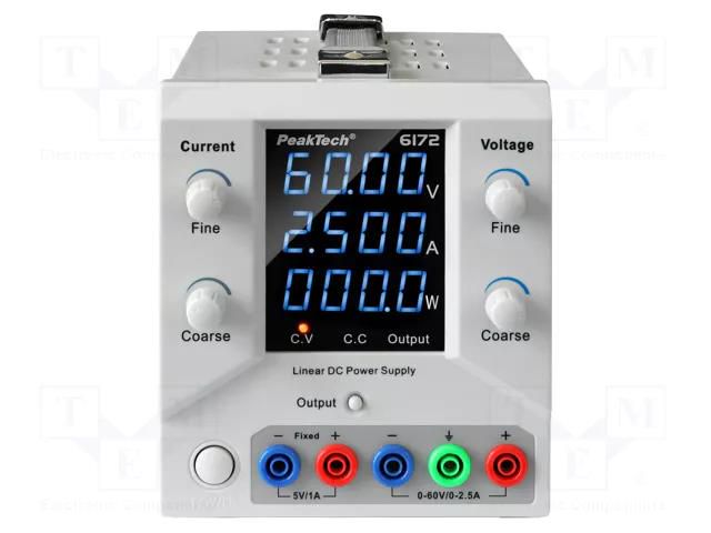 Power supply: laboratory; single-channel; Ch: 1; 0÷60VDC; 0÷2.5A PEAKTECH PKT-P6172