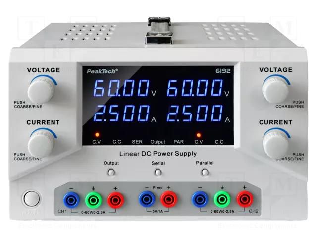 Power supply: laboratory; multi-channel; Ch: 2; 0÷60VDC; 0÷2.5A PEAKTECH PKT-P6192