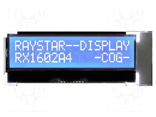 Display: LCD; alphanumeric; COG,STN Negative; 16x2; blue; LED; 1x8 RAYSTAR OPTRONICS RX1602A4-BIW-TS