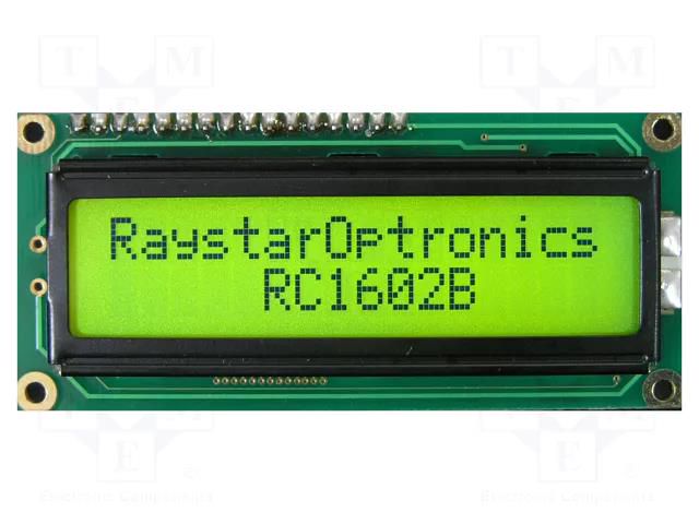 Display: LCD; alphanumeric; FSTN Positive; 16x2; yellow; LED; 1x16 RAYSTAR OPTRONICS RC1602B-FHY-CSVD