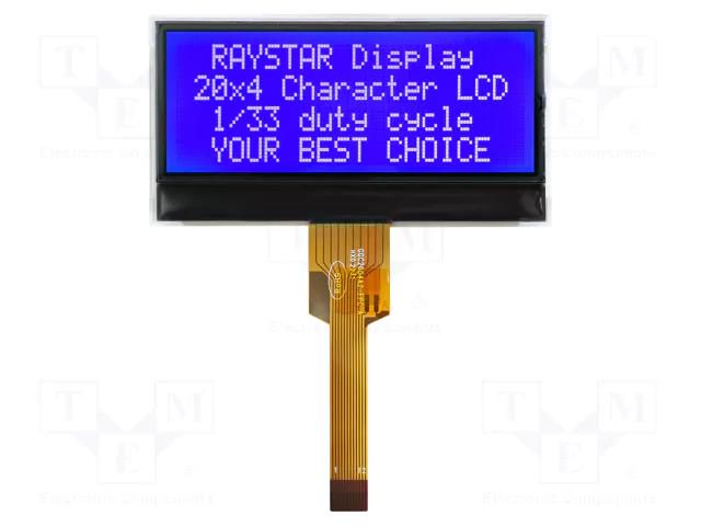 Display: LCD; alphanumeric; COG,STN Negative; 20x4; blue; LED; 1x12 RAYSTAR OPTRONICS RX2004C-BIW