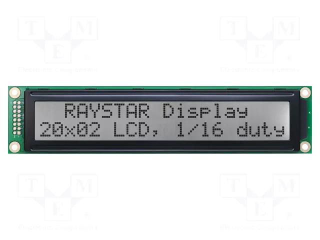 Display: LCD; alphanumeric; FSTN Positive; 20x2; black; LED; PIN: 16 RAYSTAR OPTRONICS RC2002C-FHW-ESX