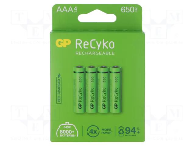 Re-battery: Ni-MH; AAA,R3; 1.2V; 650mAh; ReCyko; blister; Ready2Use GP ACCU-65AAAHCE-GPB4
