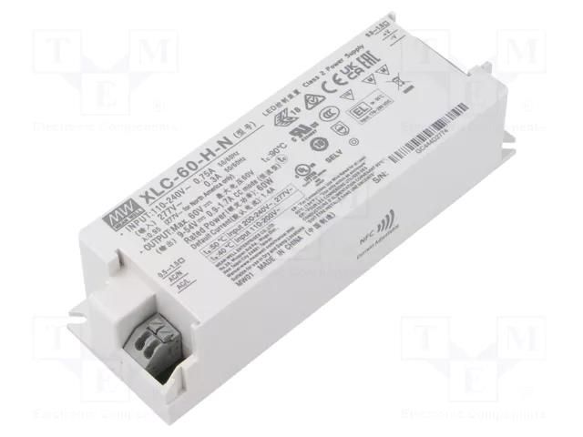 Power supply: switching; LED; 60W; 9÷54VDC; 900mA÷1.7A; 155÷400VDC MEAN WELL XLC-60-H-N