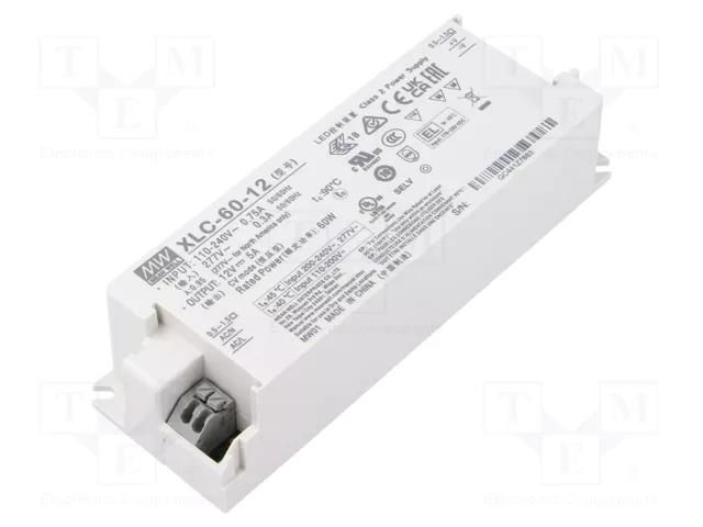 Power supply: switching; LED; 60W; 12VDC; 0÷5A; 155÷400VDC; XLC-60 MEAN WELL XLC-60-12