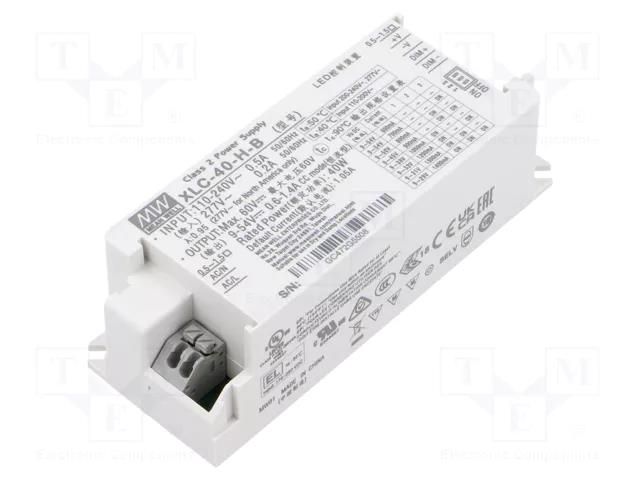 Power supply: switching; LED; 40W; 9÷54VDC; 600mA÷1.4A; 100÷305VAC MEAN WELL XLC-40-H-B