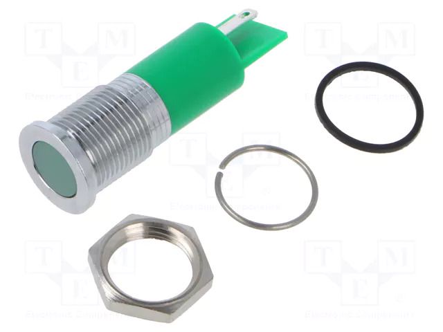 Indicator: LED; flat; green; Ø14mm; IP67; Q14; brass; ØLED: 10mm; 5mcd APEM Q14F1CXXG24E