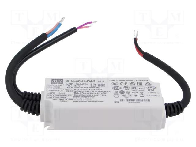 Power supply: switching; LED; 40W; 9÷54VDC; 600mA÷1.4A; 100÷305VAC MEAN WELL XLN-40-H-DA2