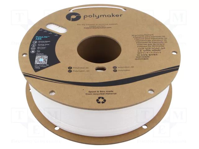 Filament: ABS; 1.75mm; white; 245÷265°C; 1kg; Table temp: 90÷100°C POLYMAKER PE01002