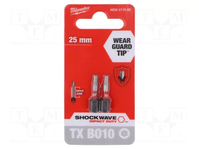 Screwdriver bit; Torx® with protection; T10H; Kind: impact; 2pcs. Milwaukee MW-4932471580