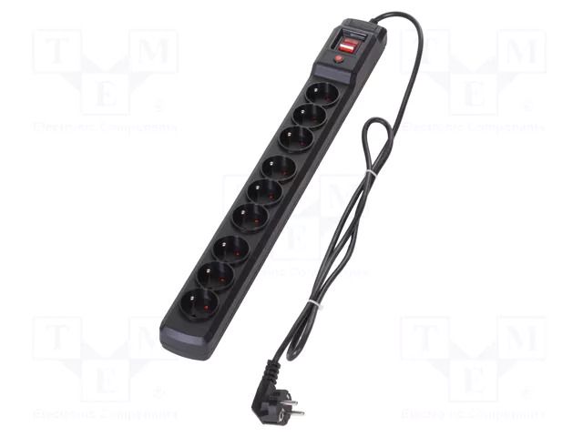 Plug socket strip: protective; Sockets: 9; 250VAC; 10A; black ARCON M9-1.5M-CZ