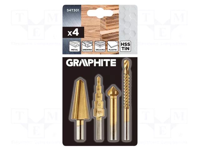 Drill set; step,conical; Ø: 4÷12mm; 4pcs. GRAPHITE 54T301
