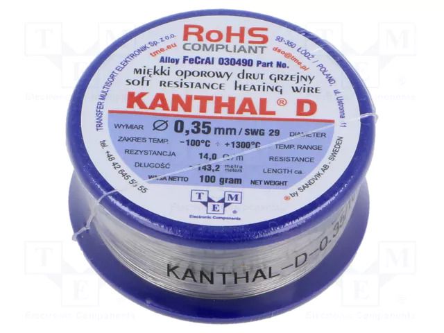 Resistance wire; 14Ω/m; -100÷1300°C; 0.1kg; Øout: 0.35mm; FeCrAl KANTHAL KANTHAL-D-0.35/100