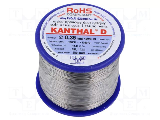 Resistance wire; 14Ω/m; -100÷1300°C; 0.25kg; Øout: 0.35mm; FeCrAl KANTHAL KANTHAL-D-0.35/250