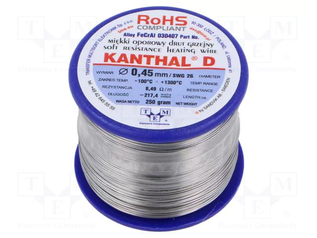 Resistance wire; 8.49Ω/m; -100÷1300°C; 0.25kg; Øout: 0.45mm; 26SWG KANTHAL KANTHAL-D-0.45/250