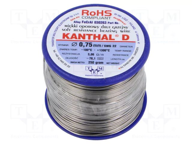Resistance wire; 3.06Ω/m; -100÷1300°C; 0.25kg; Øout: 0.75mm; 22SWG KANTHAL KANTHAL-D-0.75/250