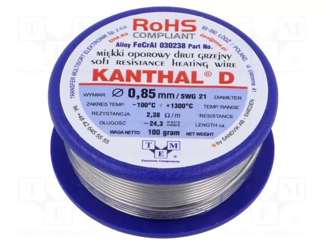 Resistance wire; 2.38Ω/m; -100÷1300°C; 0.1kg; Øout: 0.85mm; FeCrAl KANTHAL KANTHAL-D-0.85/100