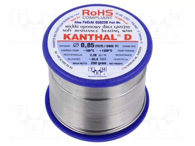 Resistance wire; 2.38Ω/m; -100÷1300°C; 0.25kg; Øout: 0.85mm; 21SWG KANTHAL KANTHAL-D-0.85/250