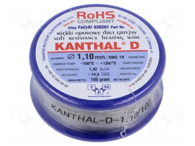 Resistance wire; 1.42Ω/m; -100÷1300°C; 0.1kg; Øout: 1.1mm; FeCrAl KANTHAL KANTHAL-D-1.10/100