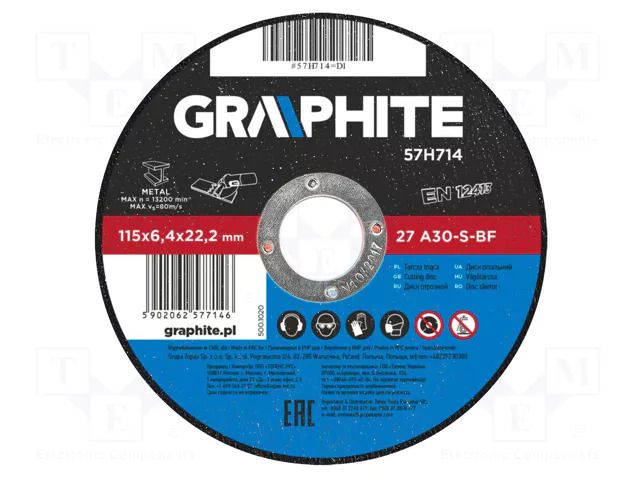 Grinding wheel; Ø: 115mm; Øhole: 22.2mm; Disc thick: 6.4mm; metal GRAPHITE 57H714