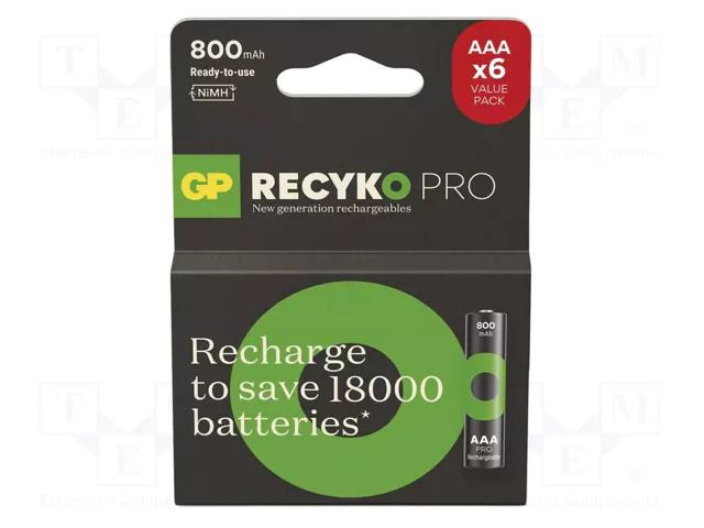 Re-battery: Ni-MH; AAA,R3; 1.2V; 800mAh; ReCYKO PRO; blister; 6pcs. GP ACCU-R3X6/RCPRO-GP