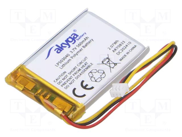 Re-battery: Li-Po; 3.7V; 560mAh; cables,MOLEX 51021-0300 socket AKYGA BATTERY AKY-LP503040NTC