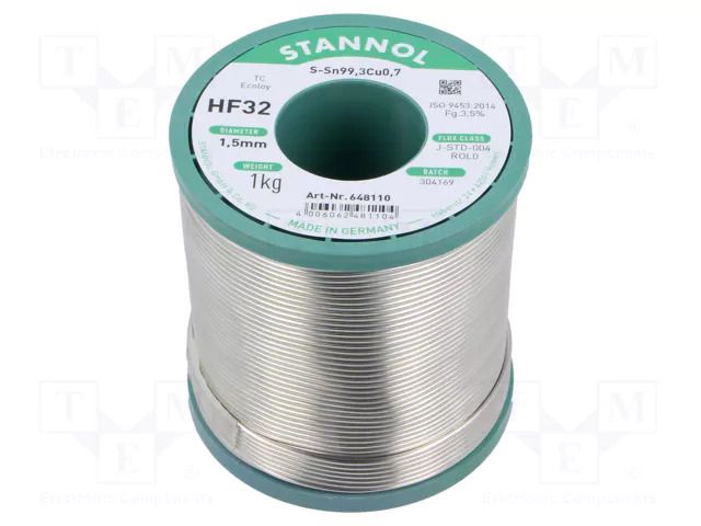 Tin; lead free; Sn99,3Cu0,7; 1.5mm; 1kg; reel; 227°C; Flux: SW32 STANNOL S99C1HF32/1.5/1.0