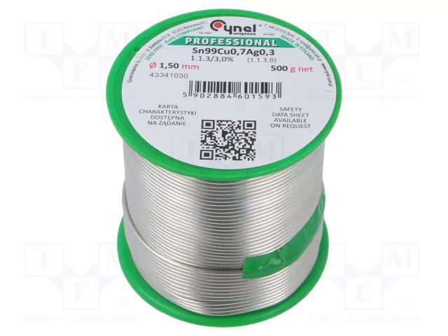 Tin; lead free; Sn99Ag0,3Cu0,7; 1.5mm; 500g; reel; 216÷227°C; 3% CYNEL SAC0307-1.5/0.5