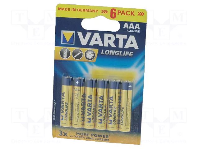 Battery: alkaline; AAA; 1.5V; non-rechargeable; 6pcs; LONGLIFE VARTA BAT-LR03X6/VL