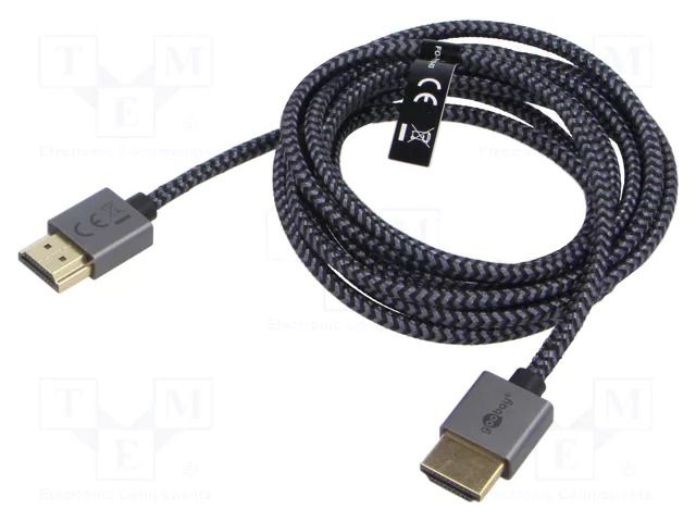 Cable; HDMI plug,both sides; PVC; textile; 2m; black-grey; silver Goobay GOOBAY-75753