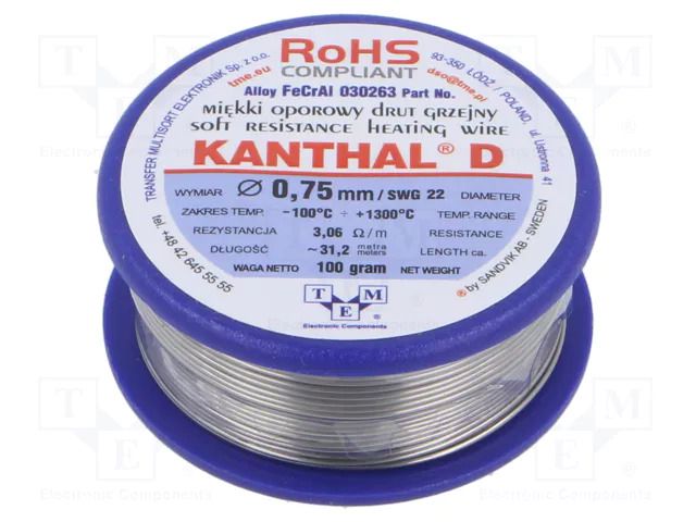 Resistance wire; 3.06Ω/m; -100÷1300°C; 0.1kg; Øout: 0.75mm; FeCrAl KANTHAL KANTHAL-D-0.75/100