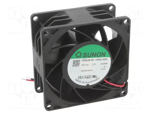 Fan: DC; axial; 12VDC; 80x80x38mm; 193.52m3/h; 68.4dBA; ball; 24AWG SUNON PF80381B1-A9H