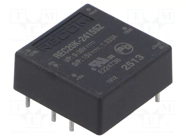 Converter: DC/DC; 20W; Uin: 9÷36VDC; Uout: 15VDC; Iout: 1333mA; 1"x1" RECOM REC20K-2415SZ