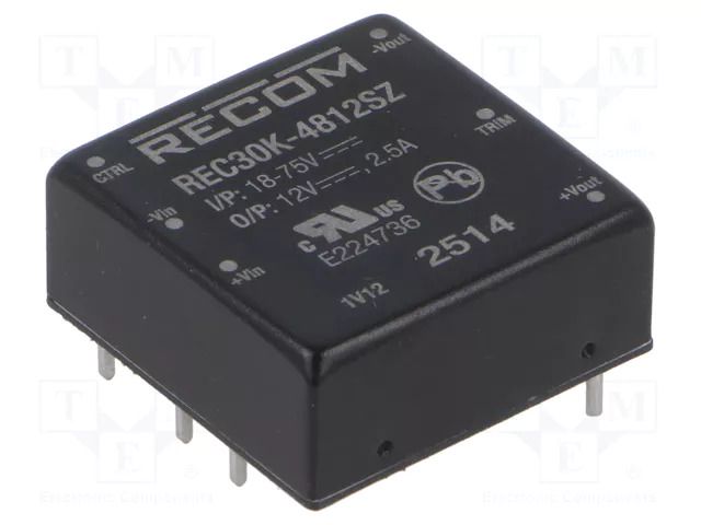 Converter: DC/DC; 30W; Uin: 36÷75VDC; Uout: 12VDC; Iout: 2.5A; 1"x1" RECOM REC30K-4812SZ