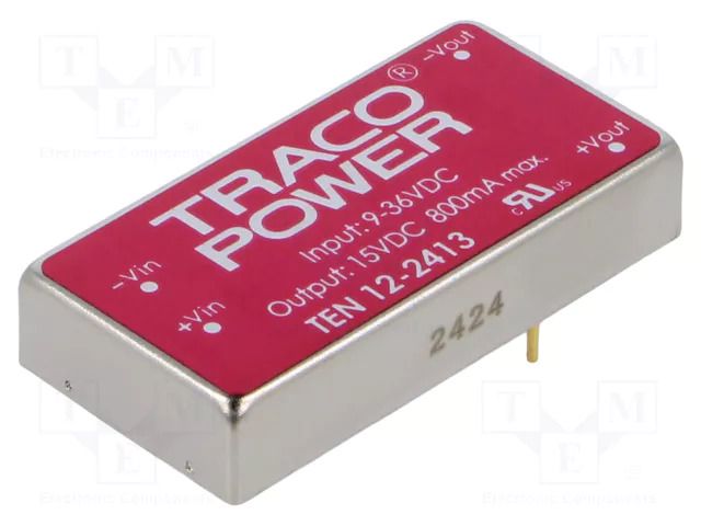 Converter: DC/DC; 12W; Uin: 9÷36VDC; Uout: 15VDC; Iout: 800mA; 2"x1" TRACO POWER TEN12-2413