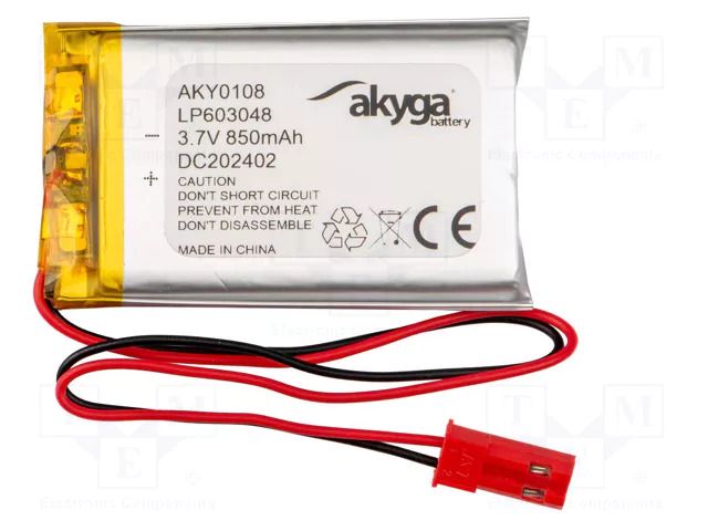 Re-battery: Li-Po; 3.7V; 850mAh; cables,JST SYP-02T-1 socket AKYGA BATTERY AKY-LP603048