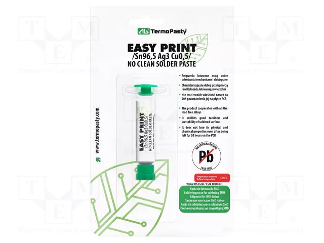 Solder paste; lead free; Sn96,5Ag3Cu0,5; syringe; 25÷45um; 20g AG TERMOPASTY ESAC305/20