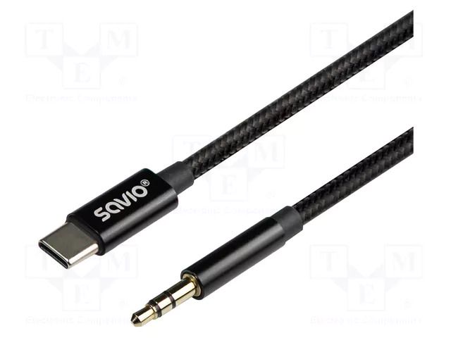 Cable; Jack 3.5mm plug,USB C plug; 2m; black; textile SAVIO SAVKABELCL-188