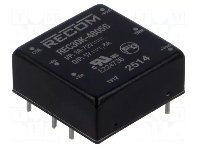 Converter: DC/DC; 30W; Uin: 36÷75VDC; Uout: 5VDC; 1"x1"; THT; REC30K RECOM REC30K-4805S