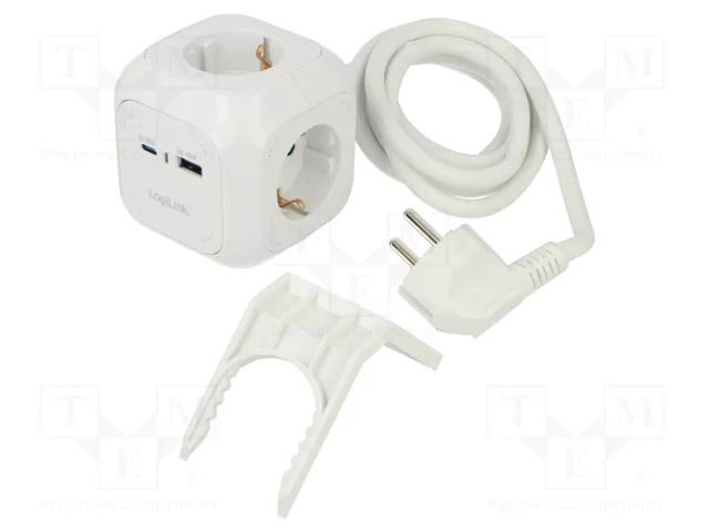 Plug socket strip: protective; Sockets: 4; 230VAC; 16A; white; 1.4m LOGILINK LPS283U