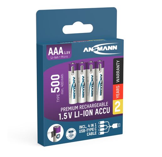 Аккумуляторы AAA 1.5V 500mAh (Li-Ion 0.74Wh), с USB-C пиковая выходная мощность DC 1.5V 1A (коробка 4шт) ANSMANN 1311-0028 4013674193967